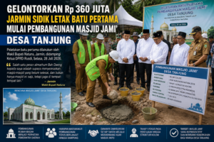 Gelontorkan Rp 360 Juta, Jarmin Sidik Letak Batu Pertama Mulai Pembangunan Masjid Jami' Desa Tanjung