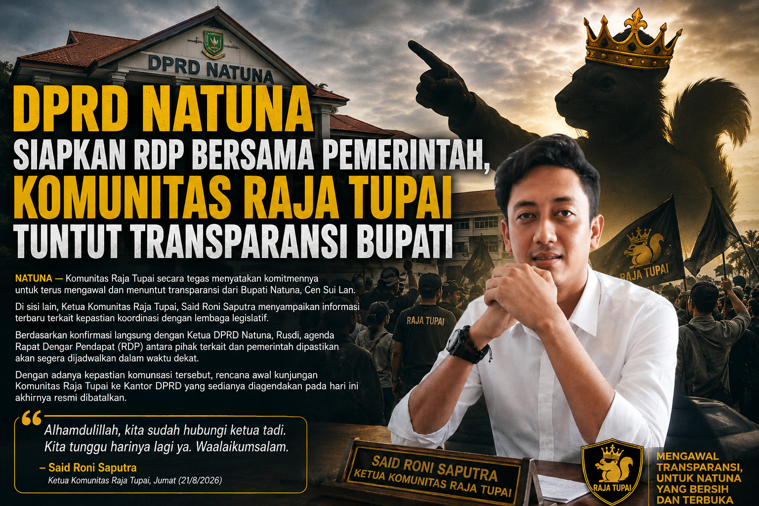 DPRD Natuna Siapkan RDP Bersama Pemerintah, Komunitas Raja Tupai Tuntut Transparansi Bupati