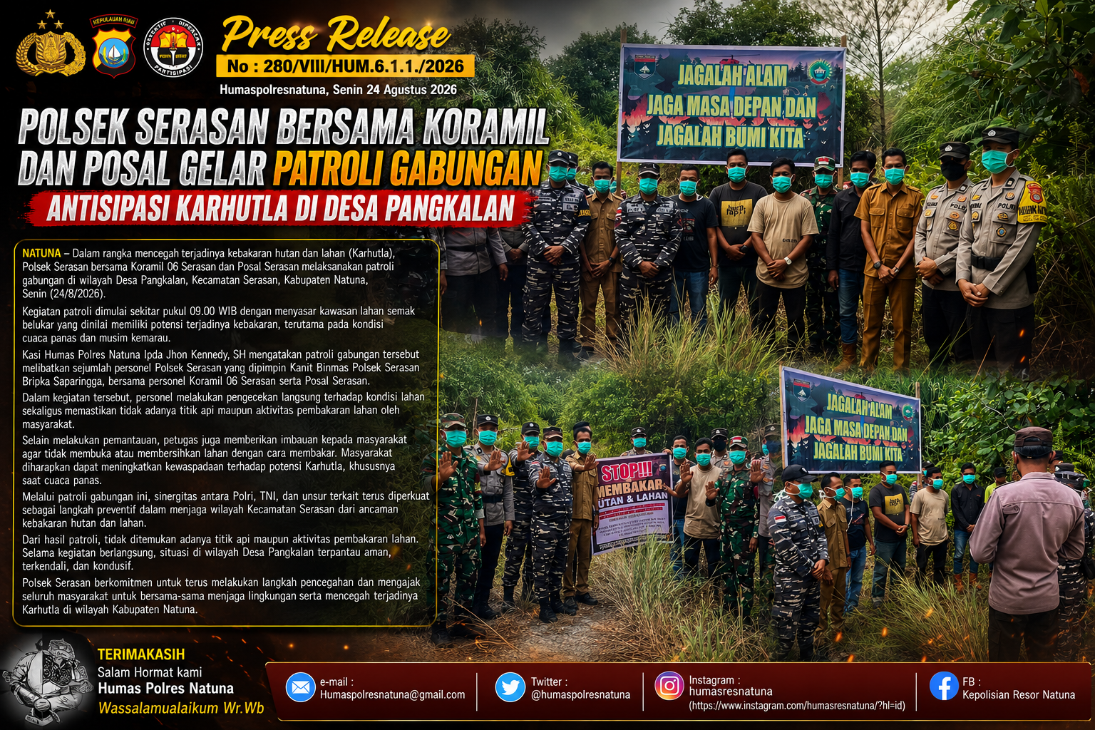 Polsek Serasan Bersama Koramil dan Posal Gelar Patroli Gabungan Antisipasi Karhutla di Desa Pangkalan 1 Polsek Serasan Bersama Koramil dan Posal Gelar Patroli Gabungan Antisipasi Karhutla di Desa Pangkalan