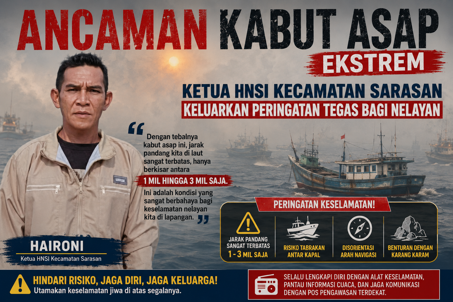 ANCAMAN KABUT ASAP EKSTREM, KETUA HNSI KECAMATAN SARASAN KELUARKAN PERINGATAN TEGAS BAGI NELAYAN
