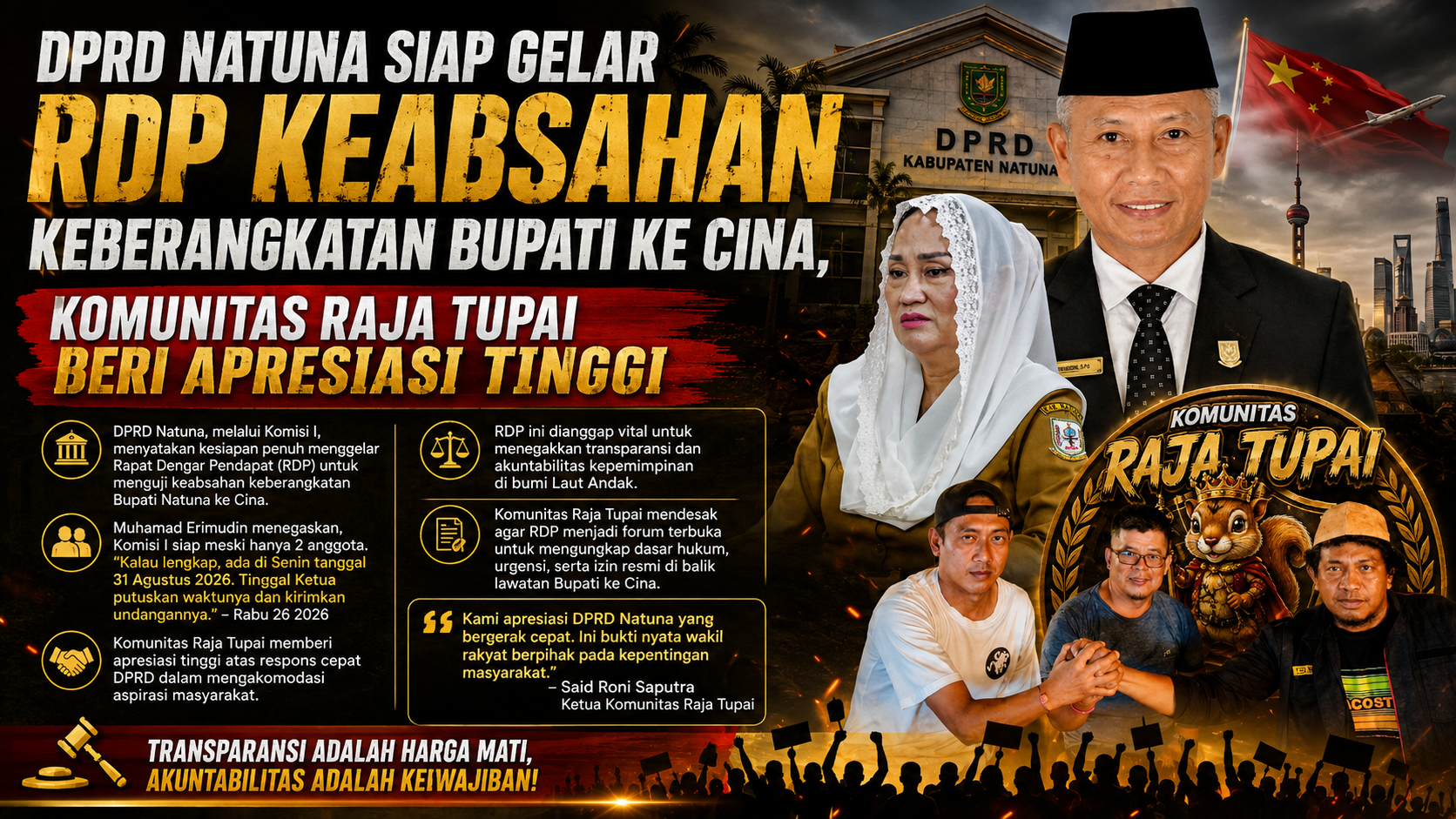 DPRD Natuna Siap Gelar RDP Keabsahan Keberangkatan Bupati ke Cina, Komunitas Raja Tupai Beri Apresiasi Tinggi