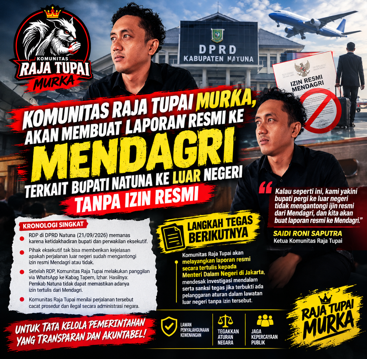 Komunitas Raja Tupai Murka, Akan Membuat Laporan Resmi ke Mendagri Terkait Bupati Natuna ke Luar Negeri Tanpa Izin Resmi 1 Komunitas Raja Tupai Murka, Akan Membuat Laporan Resmi ke Mendagri Terkait Bupati Natuna ke Luar Negeri Tanpa Izin Resmi