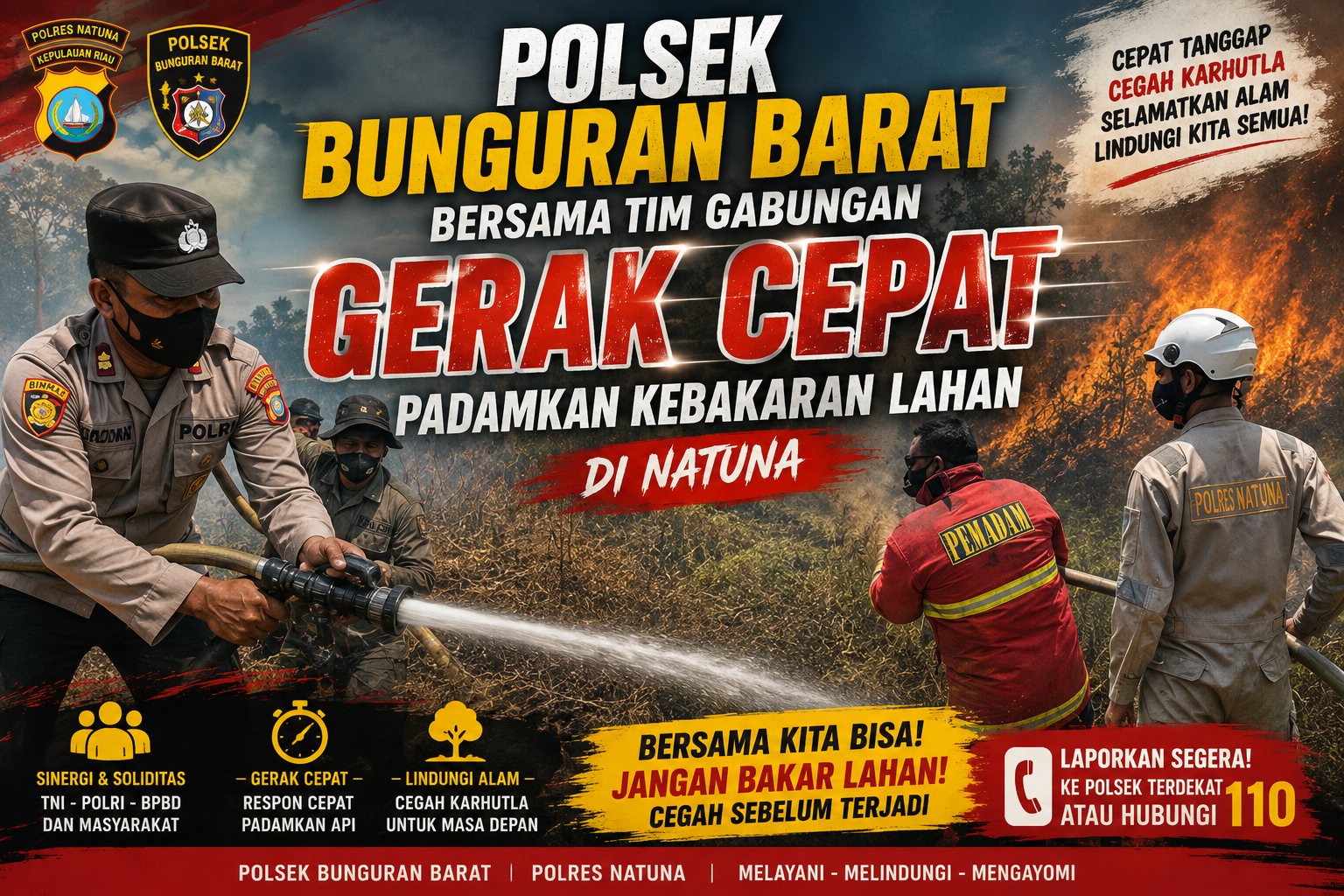 Polsek Bunguran Barat Bersama Tim Gabungan Gerak Cepat Padamkan Kebakaran Lahan di Natuna