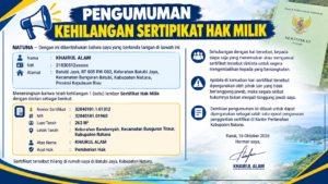 PENGUMUMAN KEHILANGAN SERTIPIKAT HAK MILIK 1 PENGUMUMAN KEHILANGAN SERTIPIKAT HAK MILIK